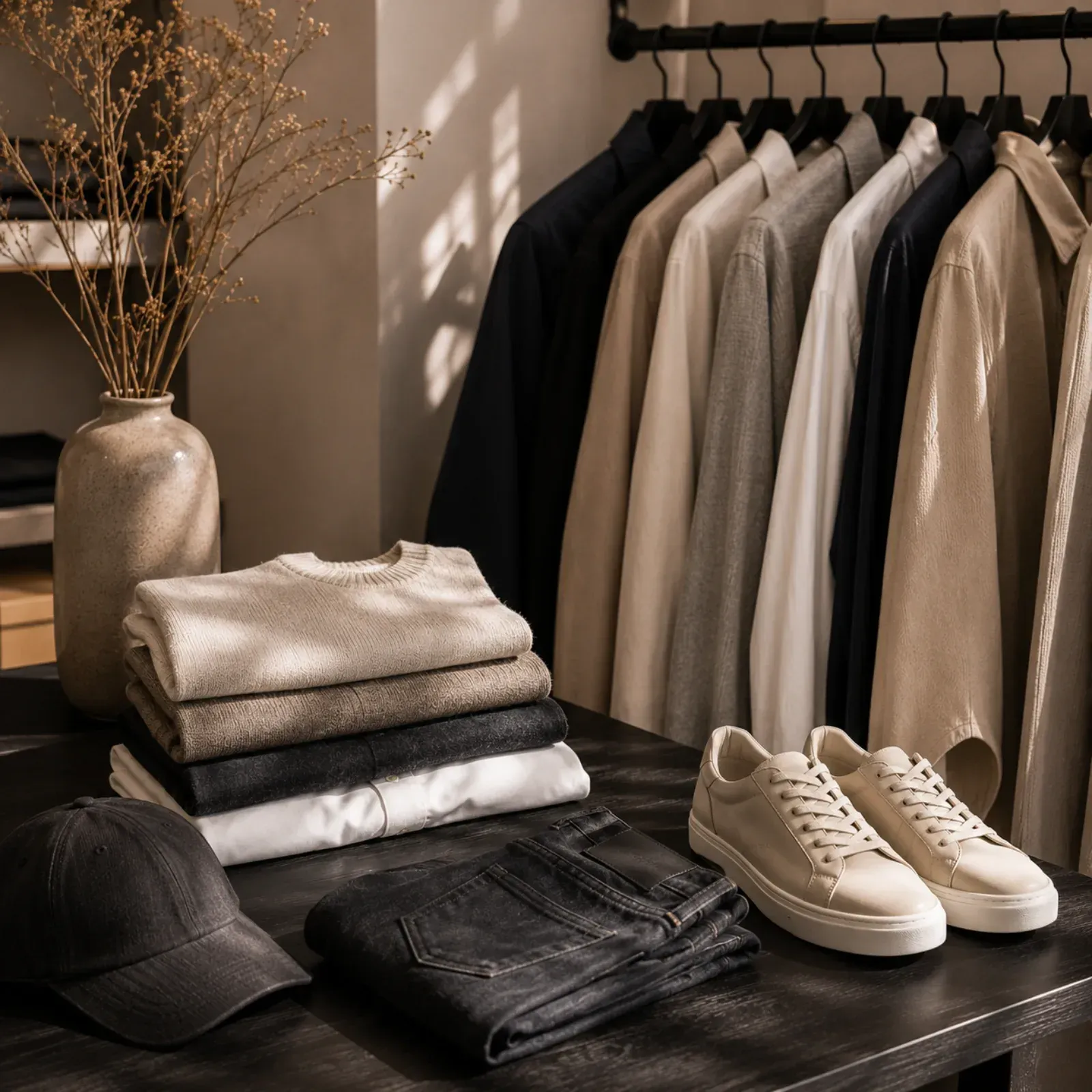 Gefaltete, neutrale Pullover, Jeans, Mütze und Turnschuhe lagen neben hängender beigefarbener Kleidung in einem ordentlich aufgeräumten Kleiderschrank.