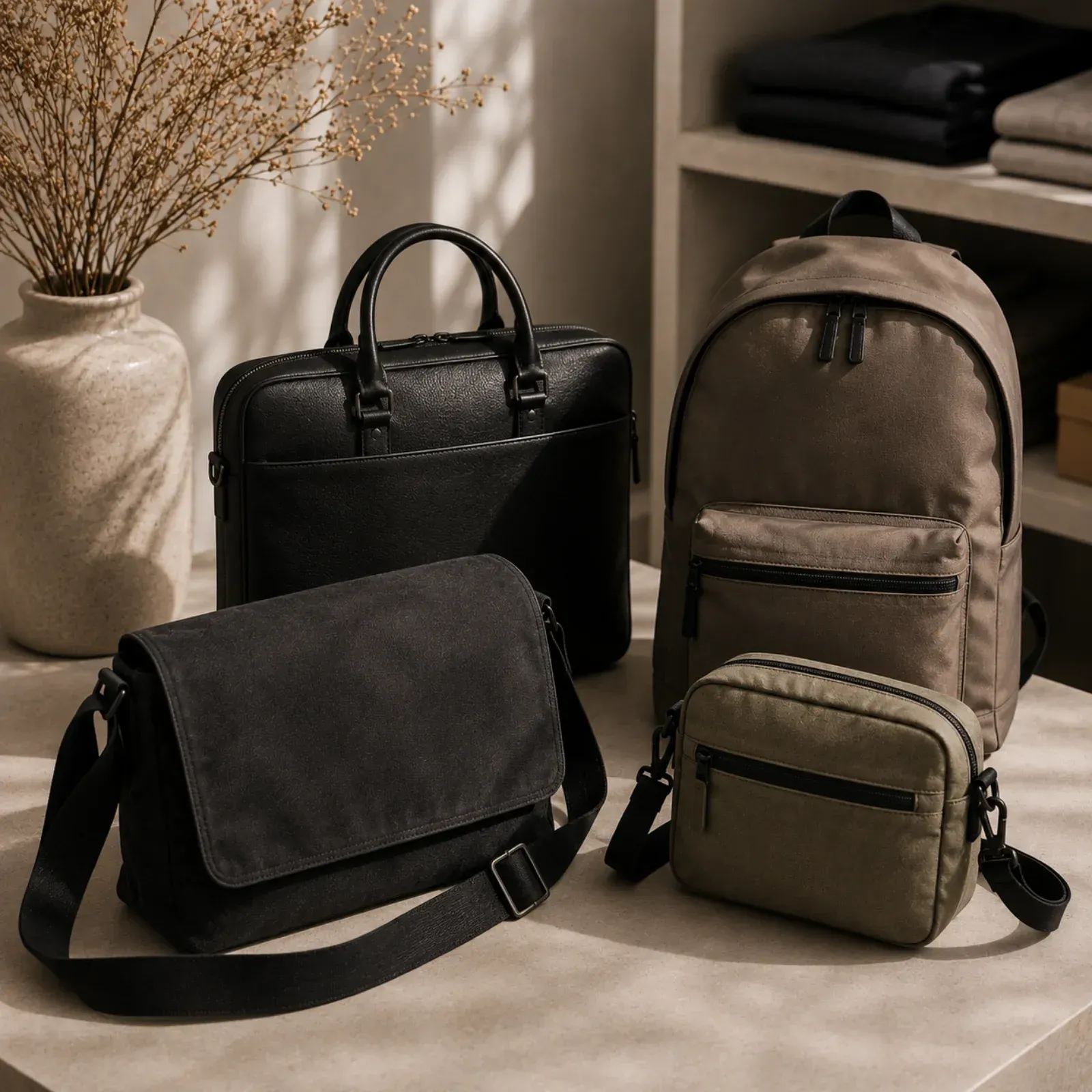 Schwarze und beige Handtaschen und Rucksäcke lagen auf einem beigen Boden neben einer Vase mit Trockenblumen.
