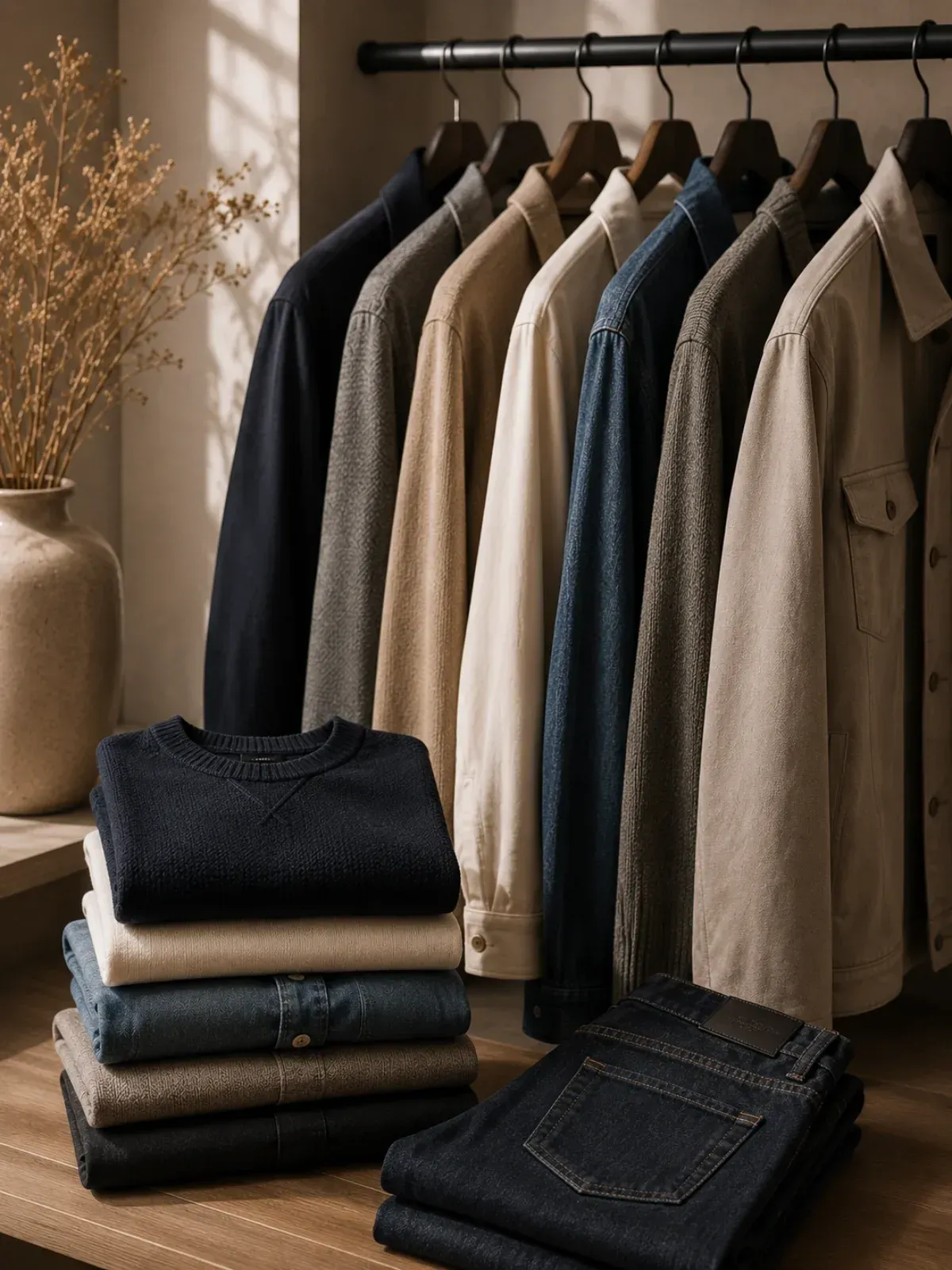 Gefaltete Jeans und beige Hemden auf einem Kleiderständer in einer warmen, minimalistischen Kleiderpräsentation