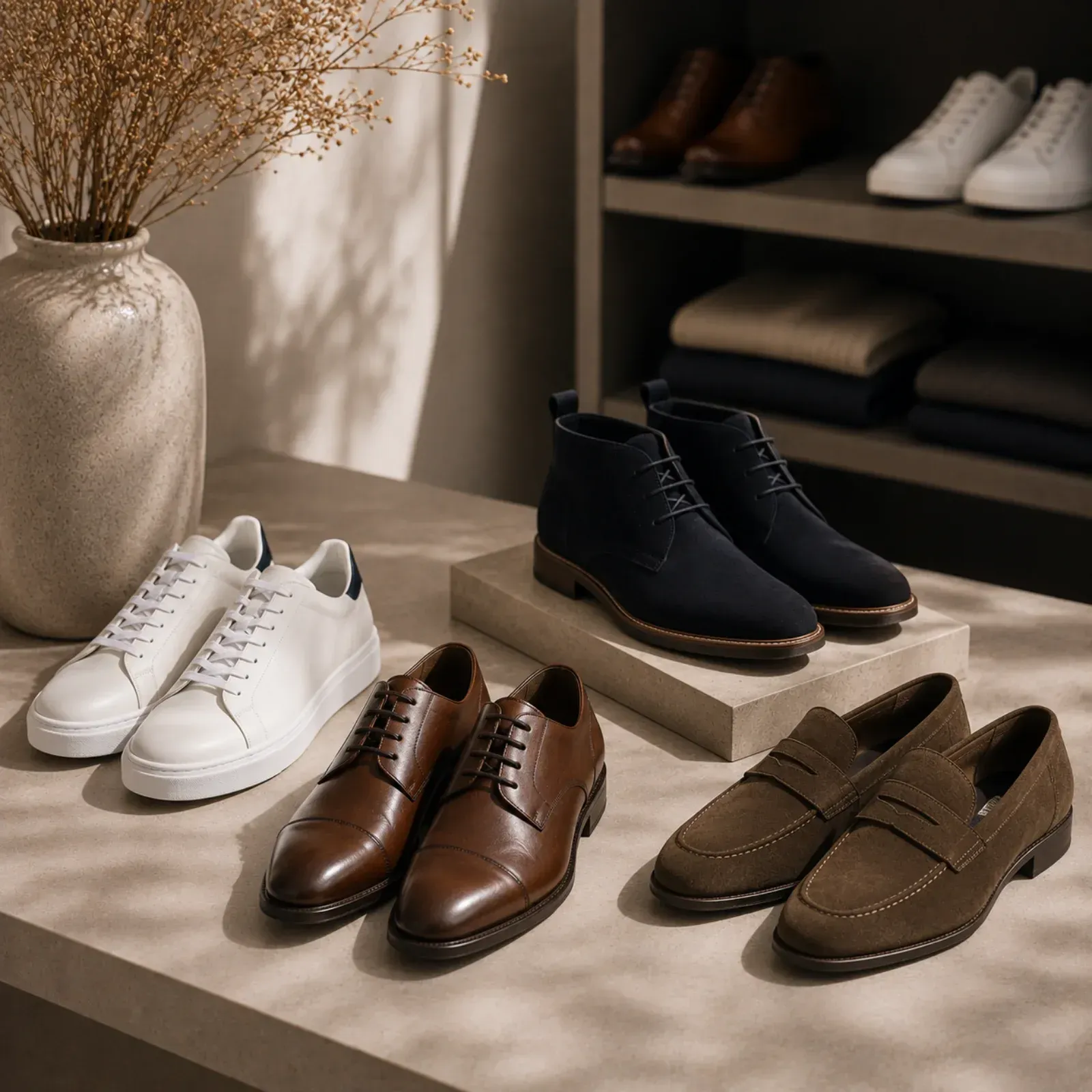 Verschiedene Herrenschuhe auf Regalen und einem Tisch in einem warmfarbigen Verkaufsdisplay
