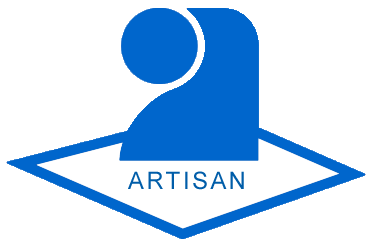 Logo Artisan bleu avec une icône circulaire au-dessus du mot « ARTISAN » à l'intérieur d'un contour en forme de losange