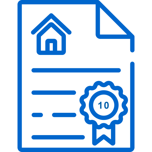 Icône de document bleue avec une maison et un sceau de récompense « 10 ».