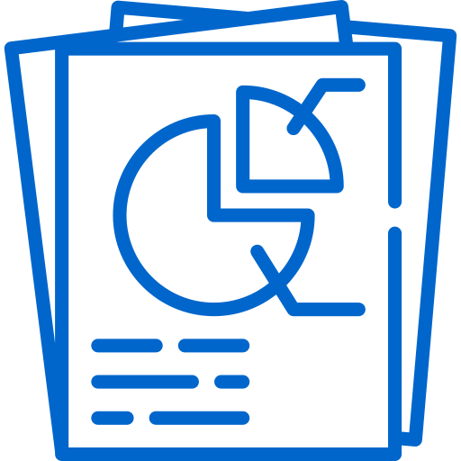Icône bleue de rapport analytique avec graphique circulaire et graphique linéaire sur des documents empilés