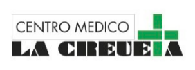Logotipo del Centro M&eacute;dico La Creueta, con texto y un s&iacute;mbolo de cruz verde.
