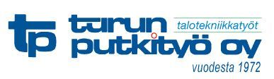 Turun putkit&ouml; Oy logo in blue with the slogan &ldquo;talotekniikkaty&ouml;t vuodesta 1972&rdquo;
