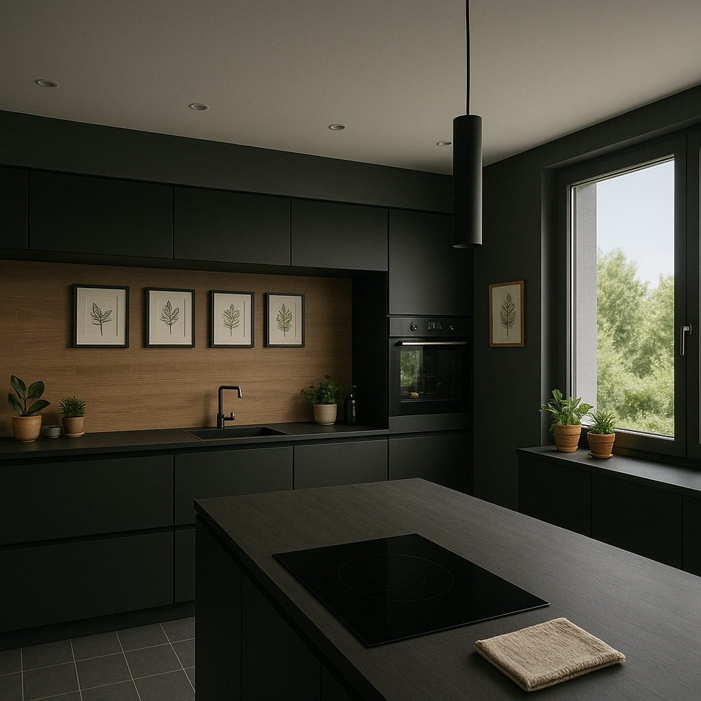 Cuisine noire moderne avec îlot, dosseret en bois, imprimés botaniques encadrés et fenêtre avec verdure