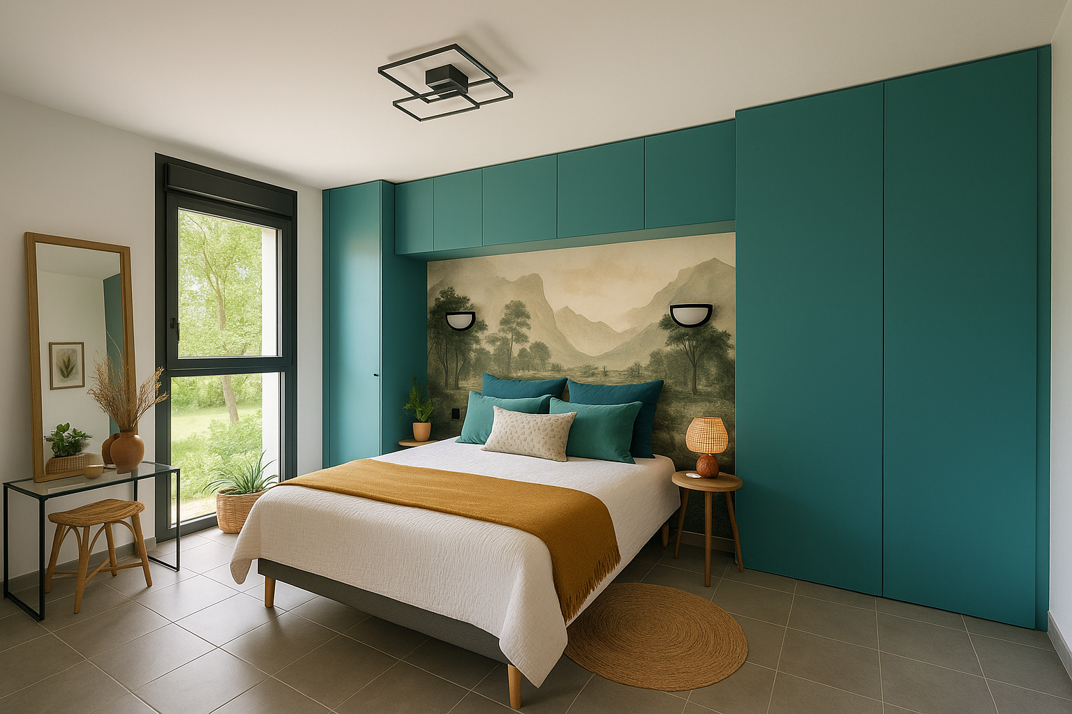 Chambre bleue avec lit, armoires intégrées, peinture murale paysagère et fenêtre donnant sur l'extérieur