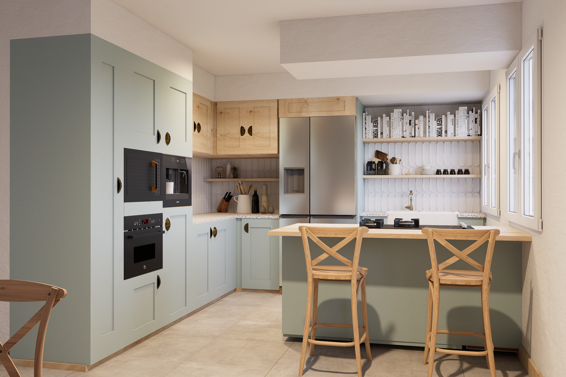 Cuisine moderne vert menthe avec îlot central, deux tabourets en bois et appareils électroménagers intégrés
