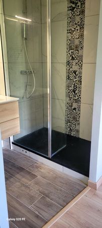 Salle de bain moderne avec douche à porte vitrée, carrelage foncé, sol imitation bois.