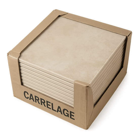 Boîte de carreaux carrés beiges, étiquetés