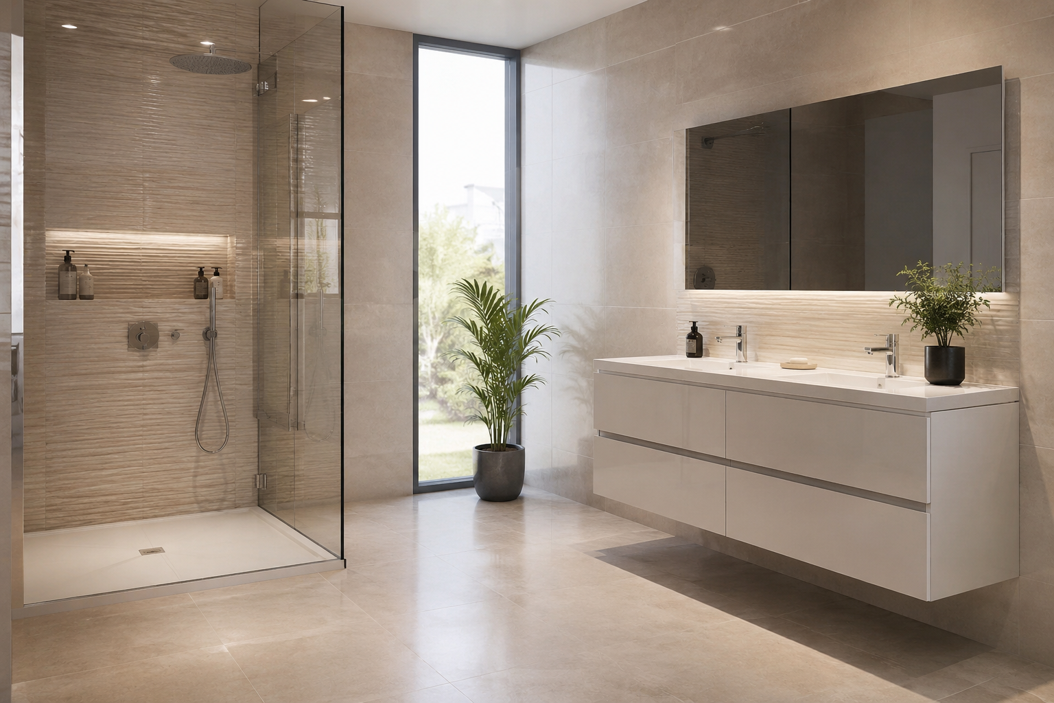 Salle de bain moderne avec murs aspect marbre, douche en verre, toilettes flottantes, lavabo et couleurs neutres.