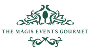 Logotipo verde: “Magis Events Gourmet” con adornos decorativos y símbolo de cuchara.
