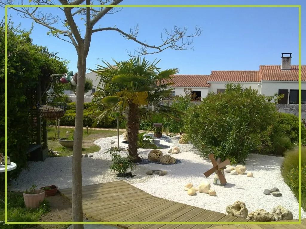 Un jardin ensoleillé avec du gravier blanc, un petit palmier et un chemin en bois, avec des maisons en arrière-plan