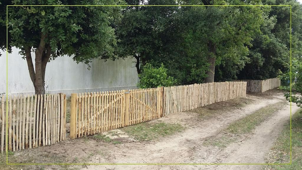 Clôture en bois le long d'un chemin de terre, avec des arbres et un mur blanc en arrière-plan