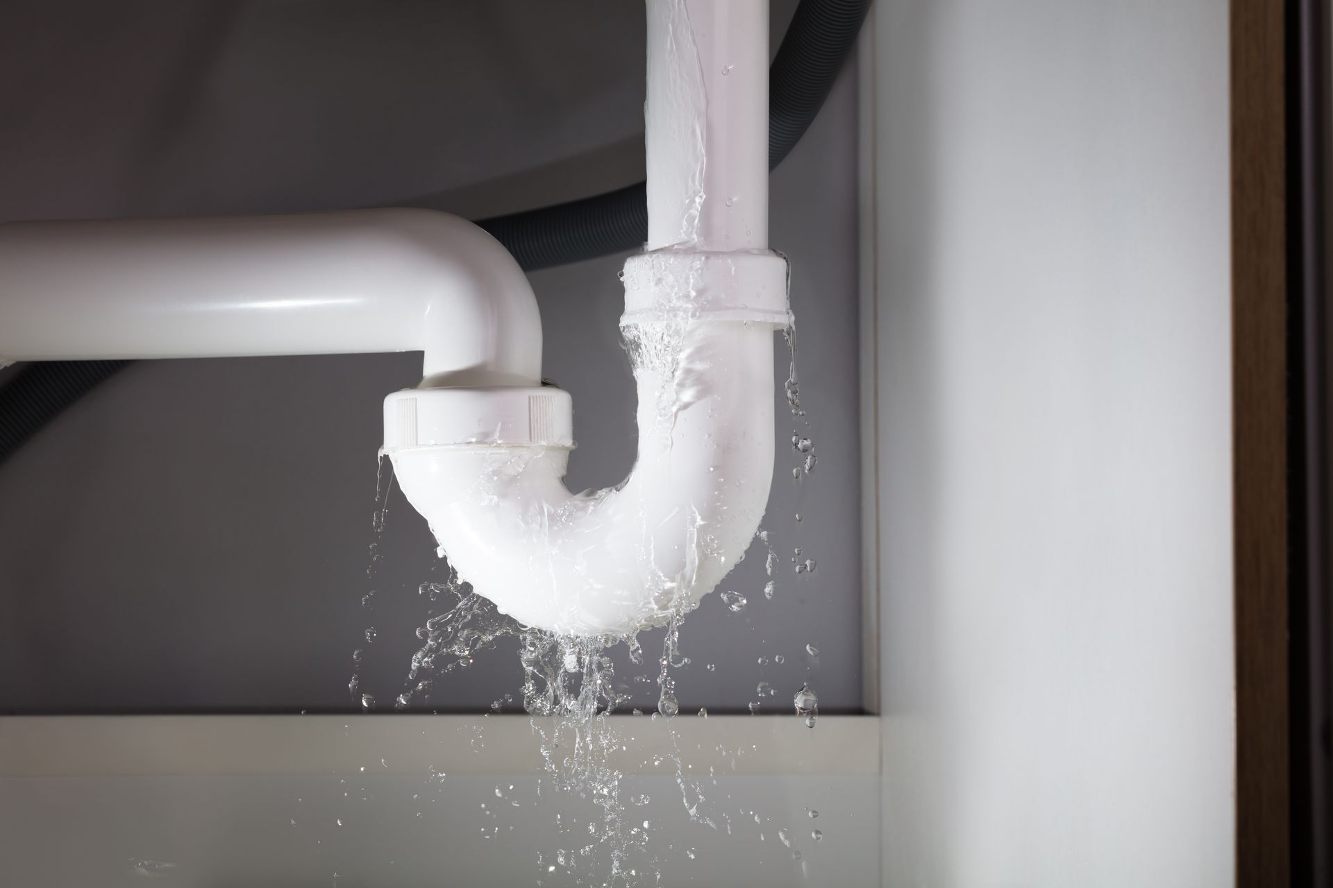 Fuite d'eau provenant du siphon blanc situé sous un évier de cuisine ou de salle de bains.