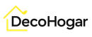 Logotipo con la palabra “DecoHogar” junto al contorno de una casa de color amarillo.