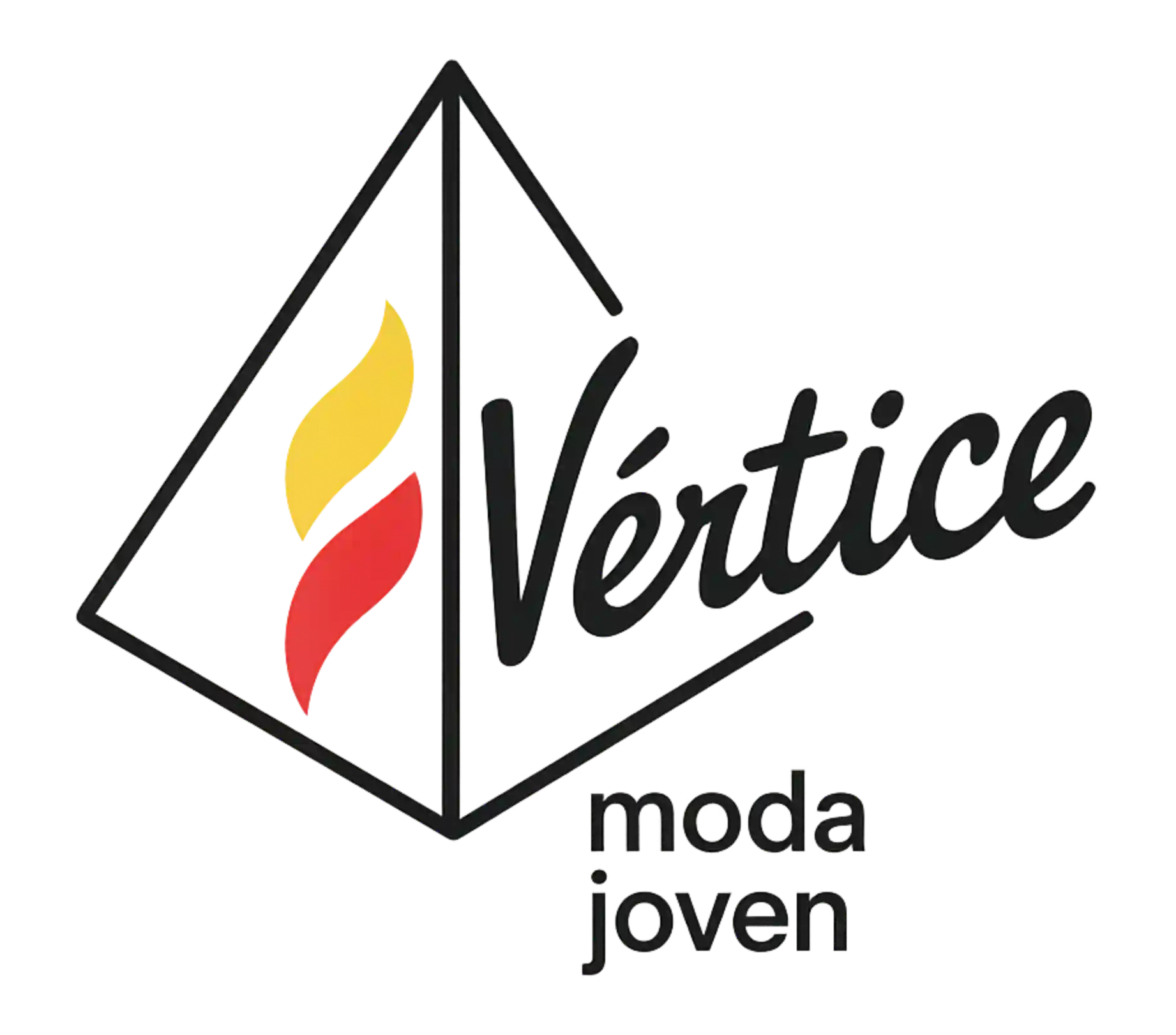 Logotipo: Forma de pir&aacute;mide negra con formas abstractas coloridas y la palabra "Vertice" en fuente escrita a mano.