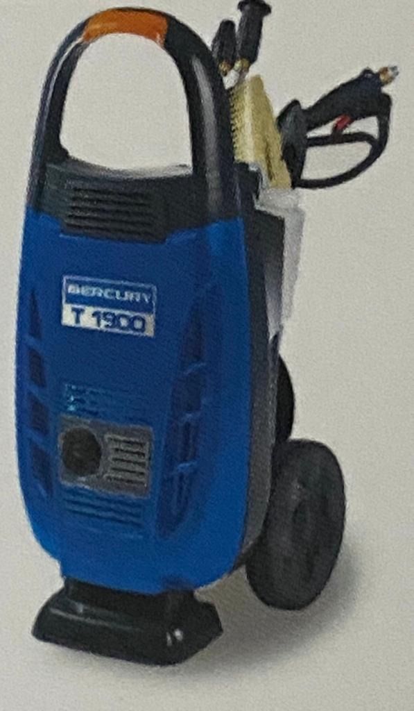 Una hidrolavadora azul y negra con ruedas y mango.