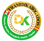 Logo: "TRAMIDIK ABOGADOS" in gold circle. Includes flags of Peru & Spain, "DK" letters, and text "Asesoría, Servicio, Extranjería, Madrid - España".