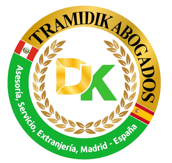 Logo: "TRAMIDIK ABOGADOS" in gold circle. Includes flags of Peru & Spain, "DK" letters, and text "Asesoría, Servicio, Extranjería, Madrid - España".
