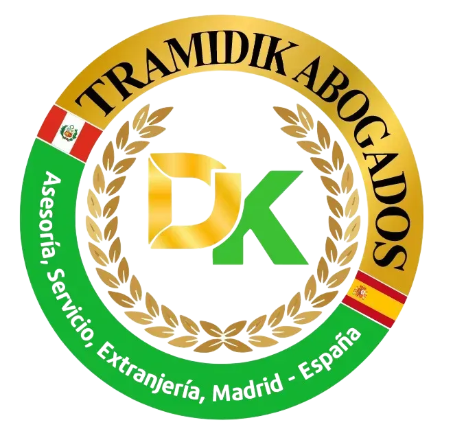 Logo: "TRAMIDIK ABOGADOS" in gold circle. Includes flags of Peru & Spain, "DK" letters, and text "Asesoría, Servicio, Extranjería, Madrid - España".