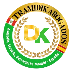 Logo: "TRAMIDIK ABOGADOS" in gold circle. Includes flags of Peru & Spain, "DK" letters, and text "Asesoría, Servicio, Extranjería, Madrid - España".