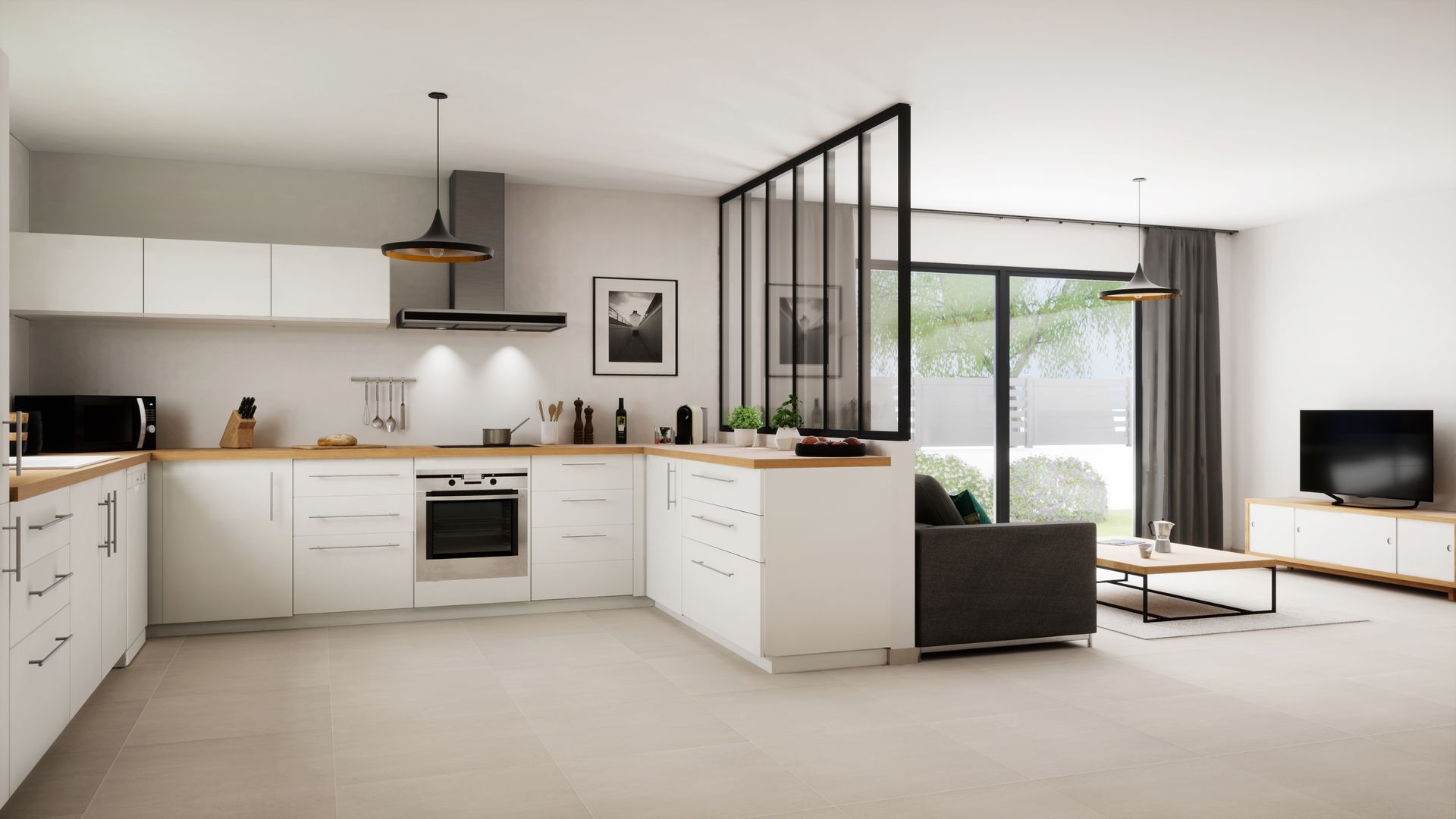 Cuisine moderne ouverte avec placards blancs, plans de travail en bois et cloison vitrée à cadre noir.