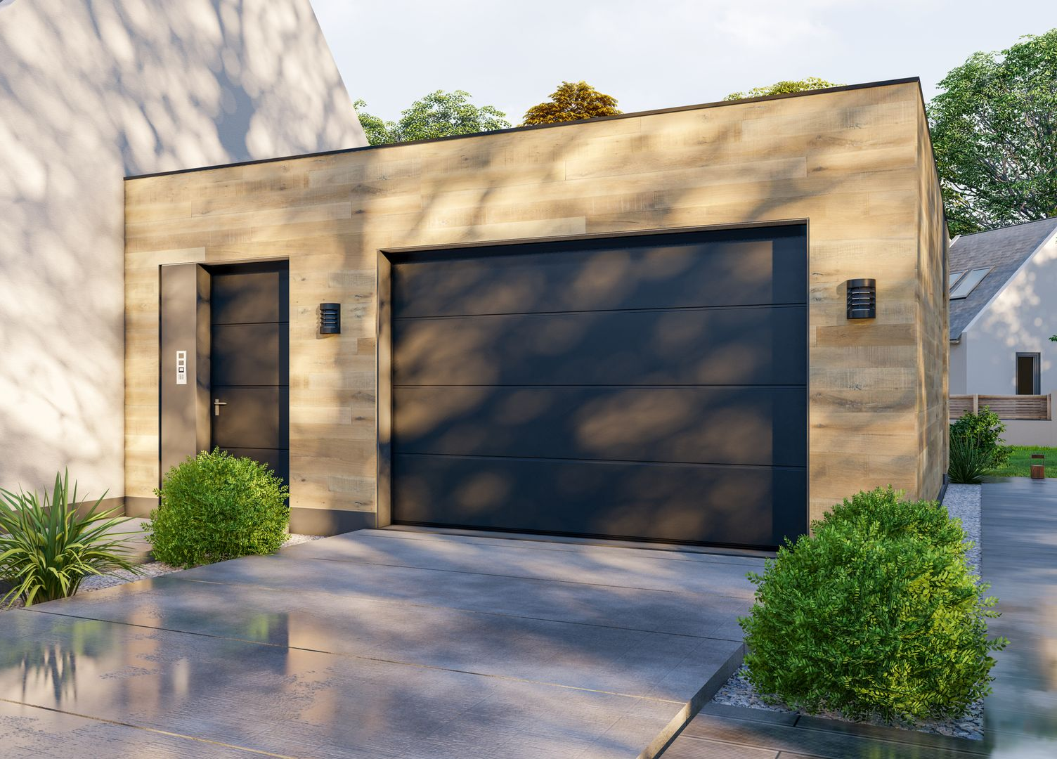 Garage avec porte noire, bardage brun clair et buissons.