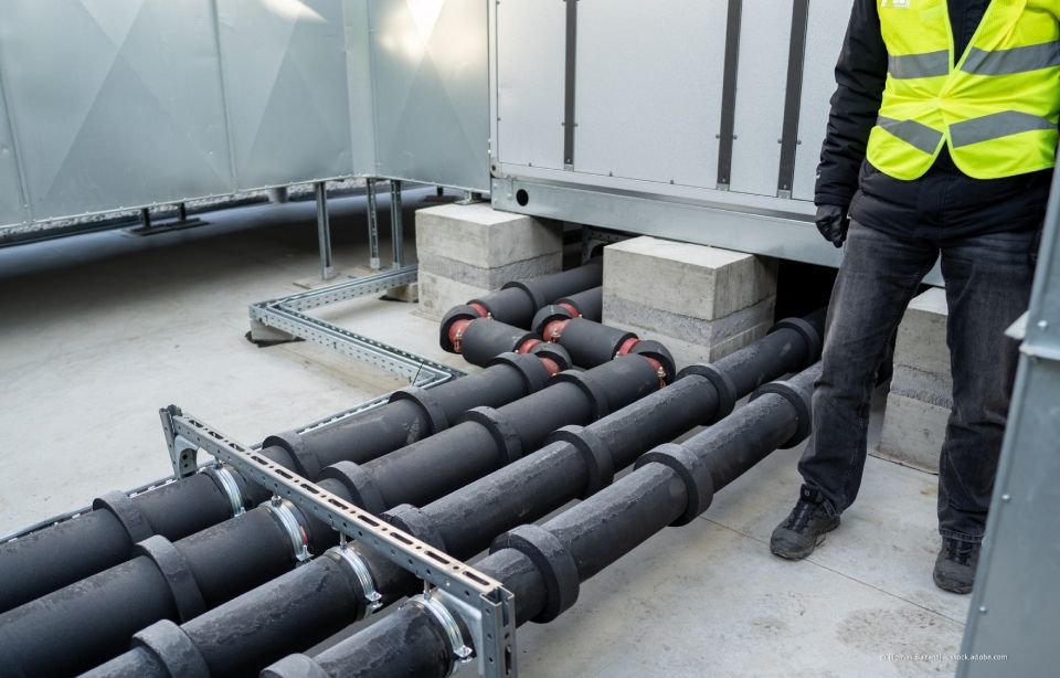 Schwarze, isolierte Rohre auf einem Dach neben einem Arbeiter in gelber Sicherheitsweste und Betonblöcken.