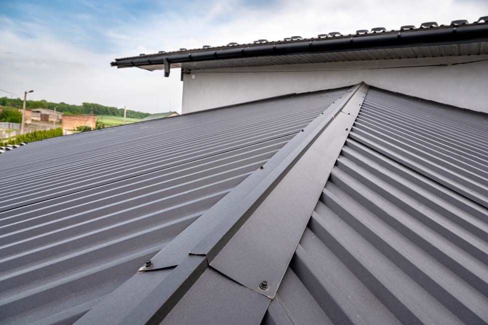Toit en métal gris avec panneaux à joints surélevés et une arête centrale sous un ciel nuageux