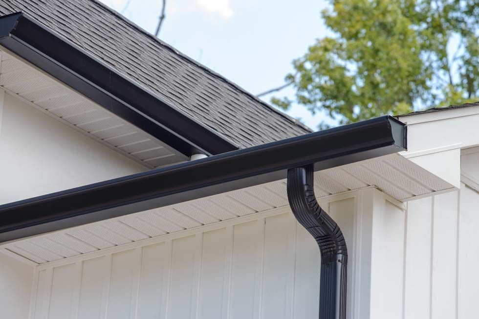 Gouttière et descente pluviale noires sur le toit d'une maison blanche, avec un arbre partiellement visible en arrière-plan.