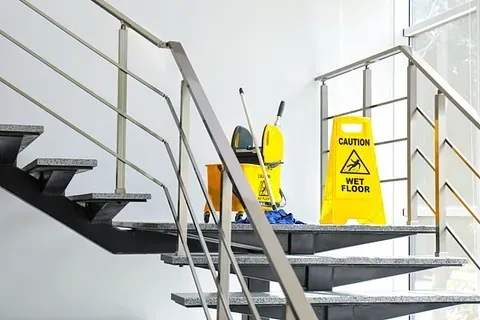Hay una señal de precaución amarilla en las escaleras al lado de un trapeador y un balde.