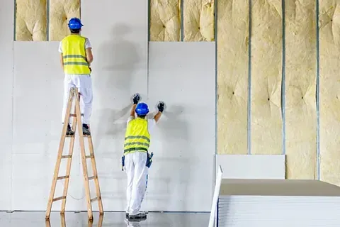 Dos trabajadores de la construcción están instalando aislamiento en una pared.