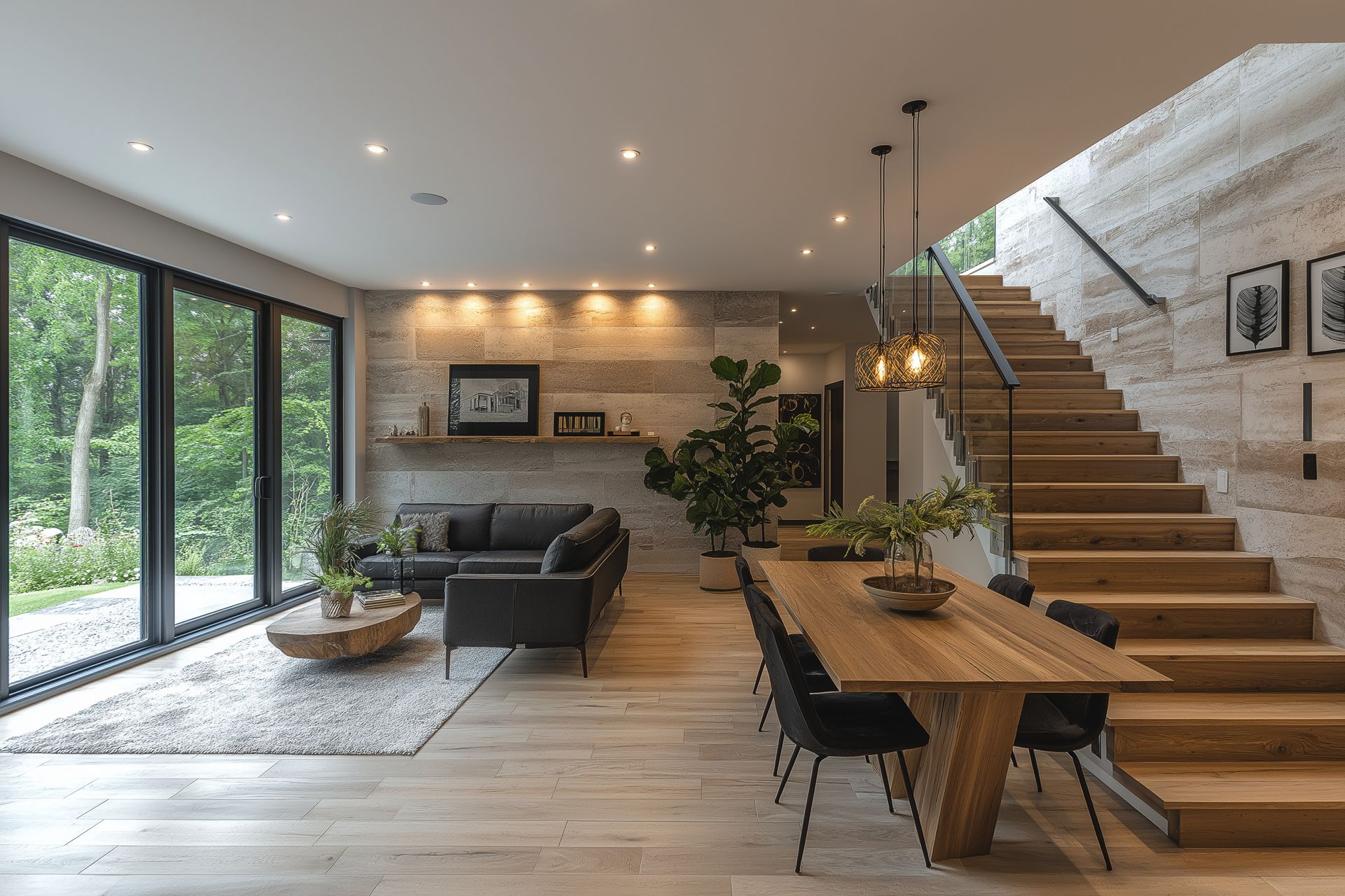 Salon moderne à aire ouverte avec escalier, table à manger en bois, canapé gris et grandes portes vitrées.