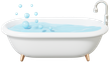 Baignoire blanche remplie d'eau savonneuse et de bulles, avec un robinet chromé à droite.