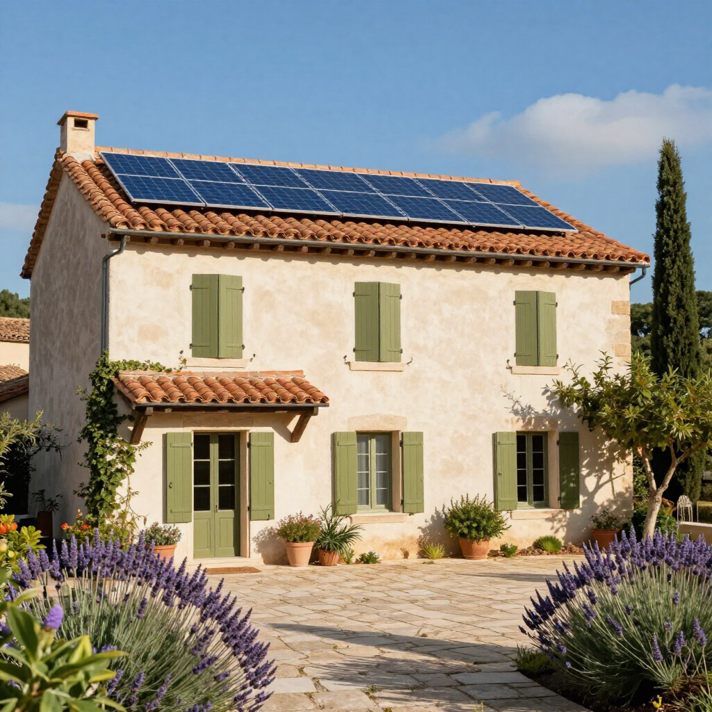 Une maison provençale avec des panneaux photovoltaïques sur le toit.