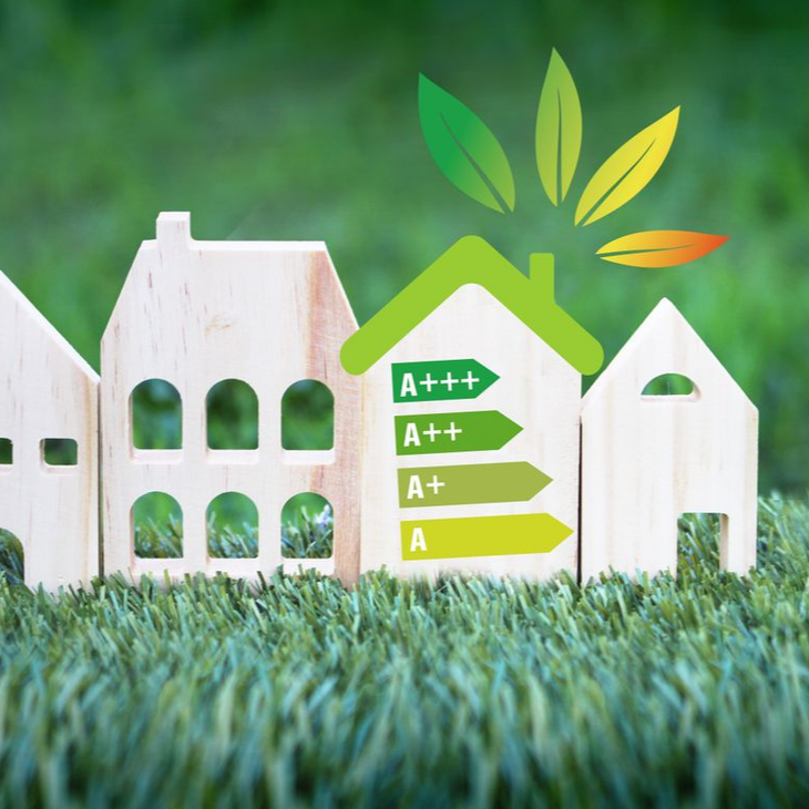 Des silhouettes de maisons en bois représentant l'échelle de classification énergétique.