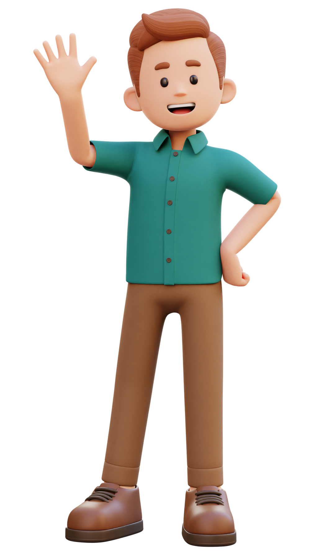 Personnage en 3D, vêtu d'une chemise et d'un pantalon, qui lève la main.