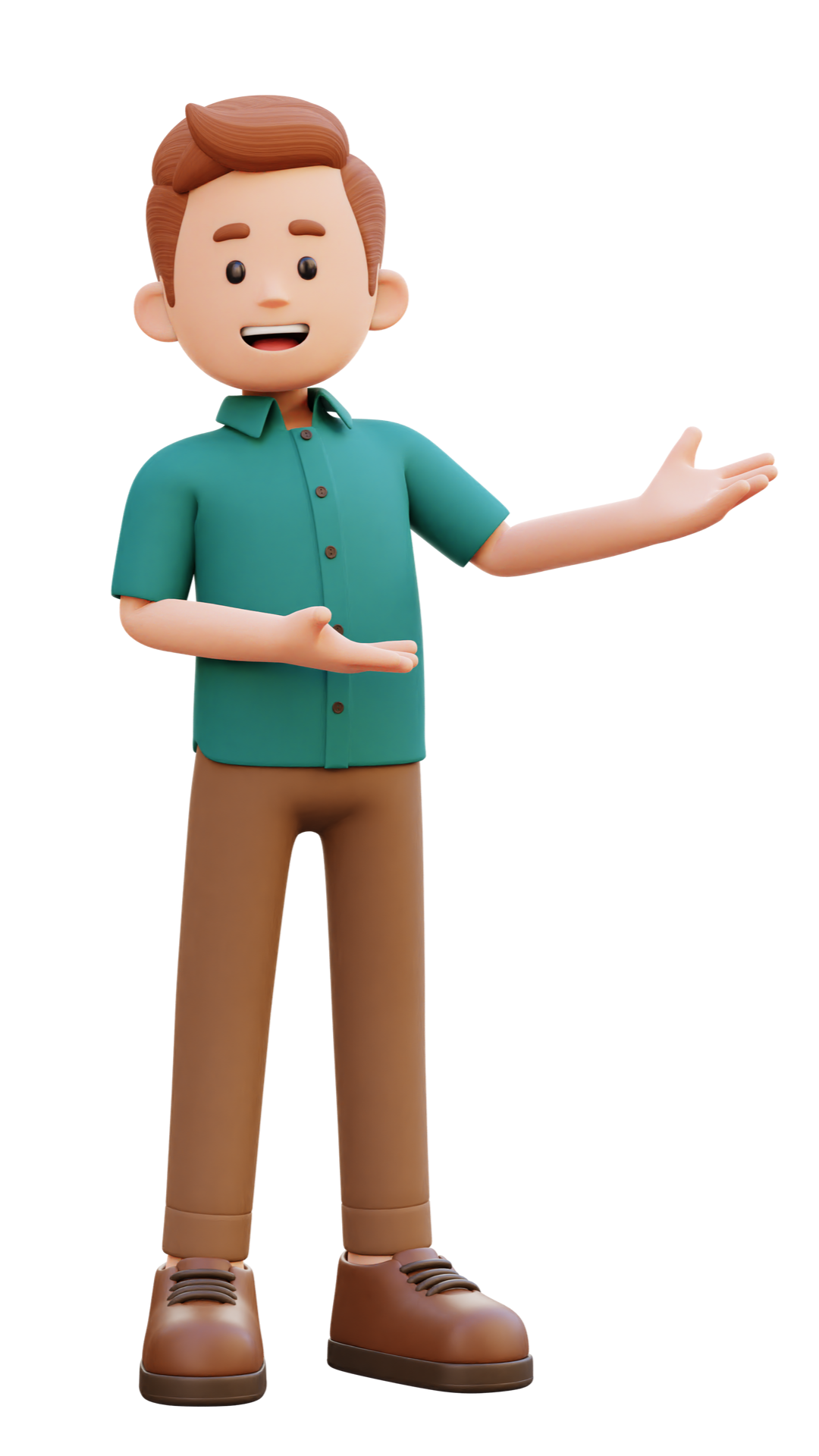 Personnage en 3D, vêtu d'une chemise et d'un pantalon, souriant et faisant un geste de la main levée.