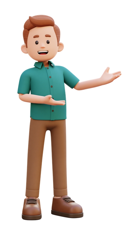 Personnage en 3D, vêtu d'une chemise et d'un pantalon, souriant et faisant un geste de la main levée.