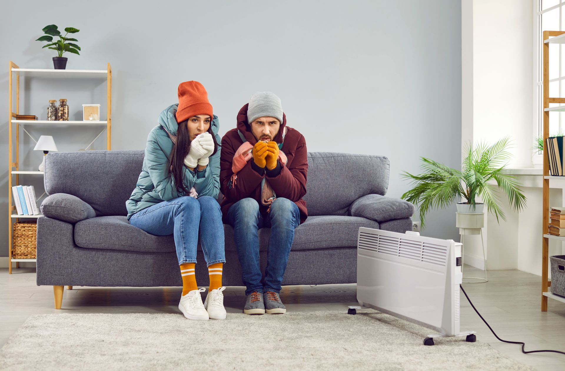 Deux personnes coiffées de bonnets d'hiver sont assises sur un canapé, près d'un radiateur d'appoint.