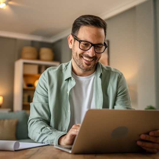 Un homme portant des lunettes, souriant devant un ordinateur portable.