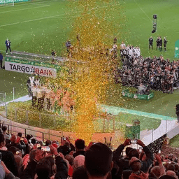 Eine Menschenmenge sieht sich in einem Stadion ein Fußballspiel an.