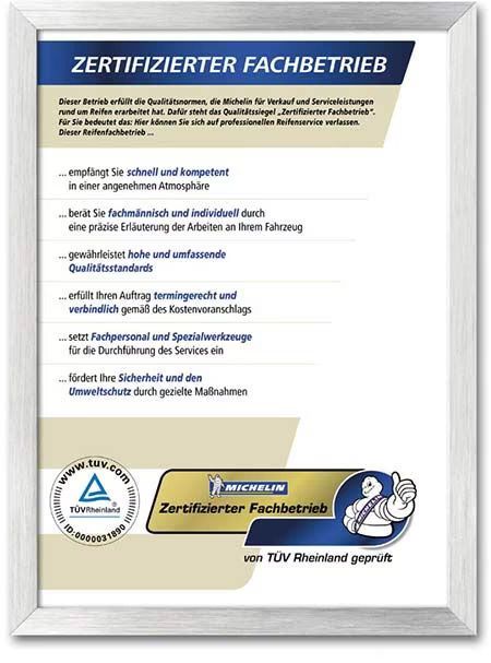 A certificate in a white frame that says zertifizierter fachbetrieb