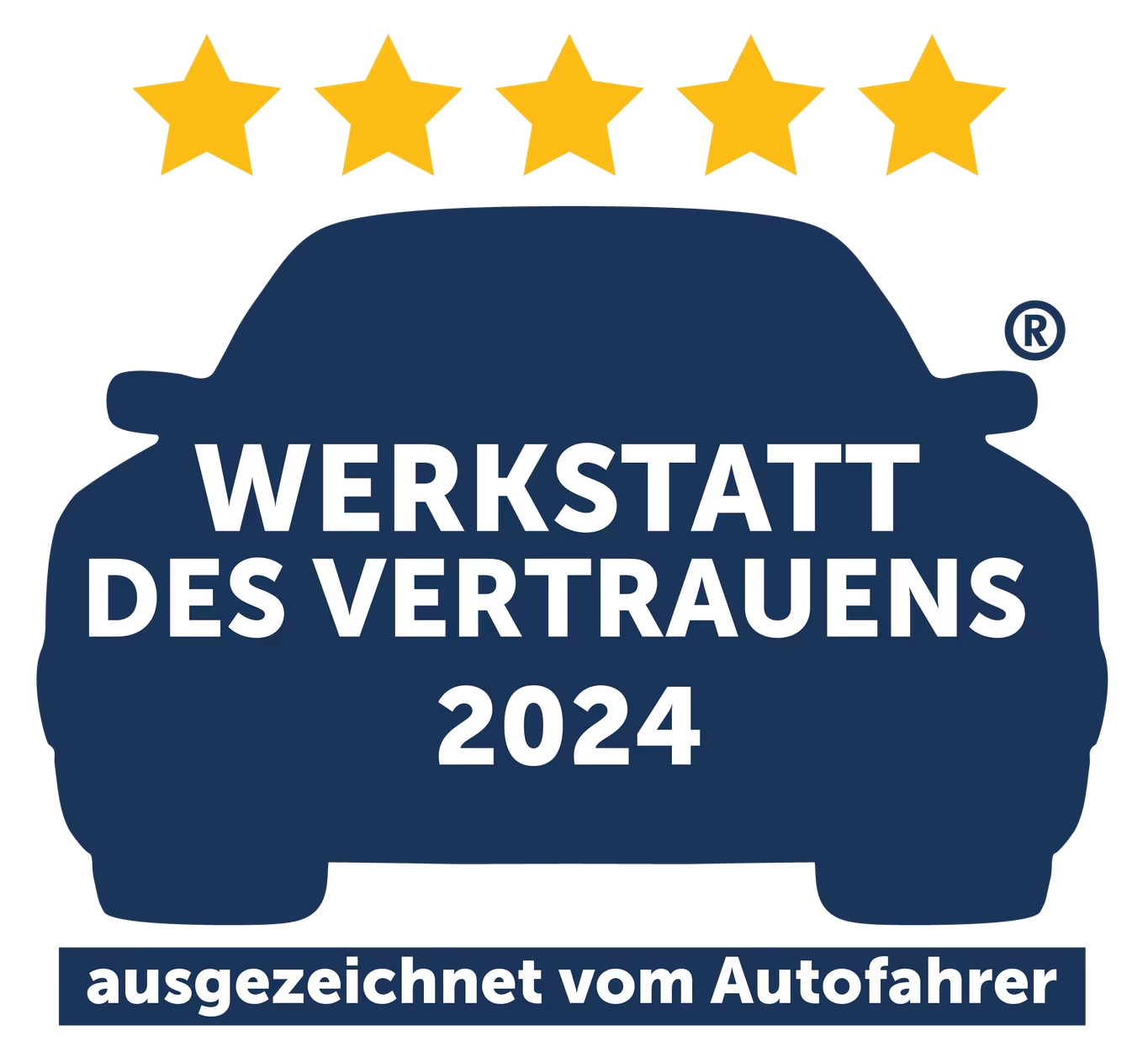 Eine Autosilhouette mit dem Schriftzug „werkstatt des vertrauens 2024“ darauf.