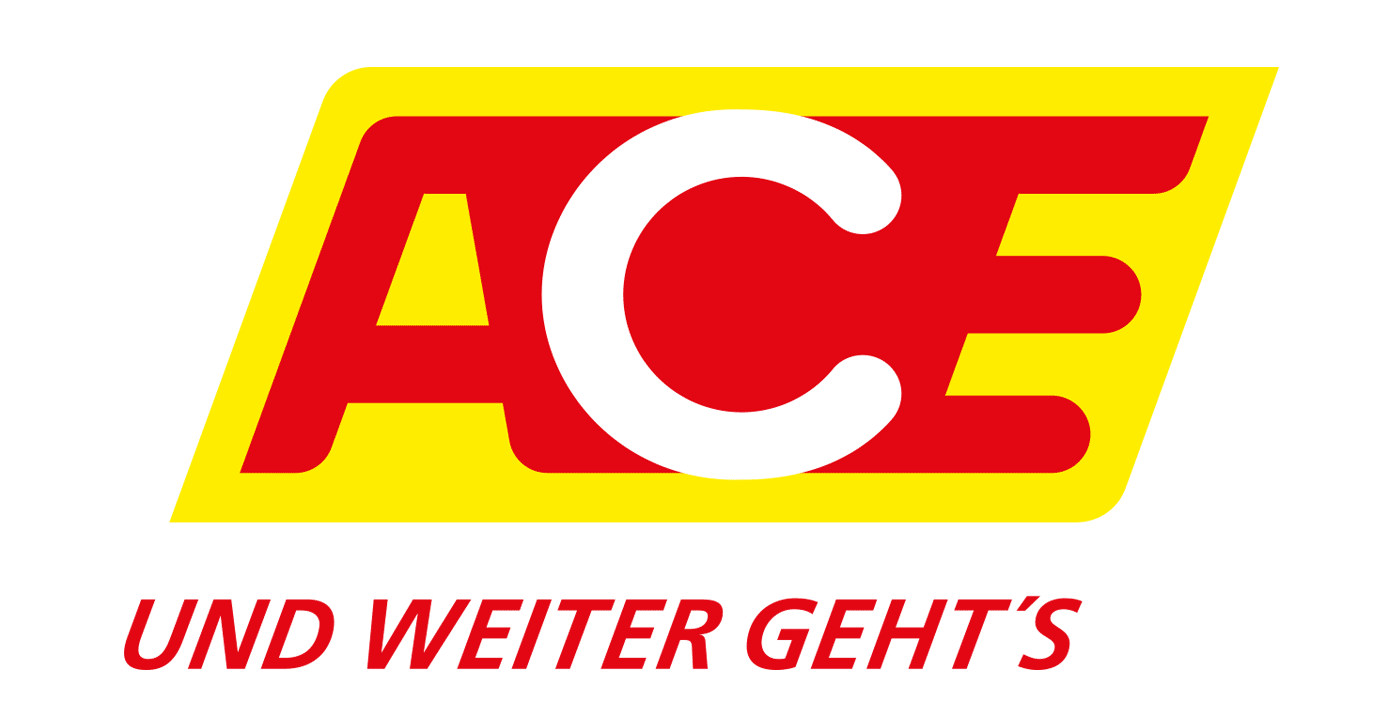 Das ace-Logo ist rot und gelb und sagt und weiter geht's