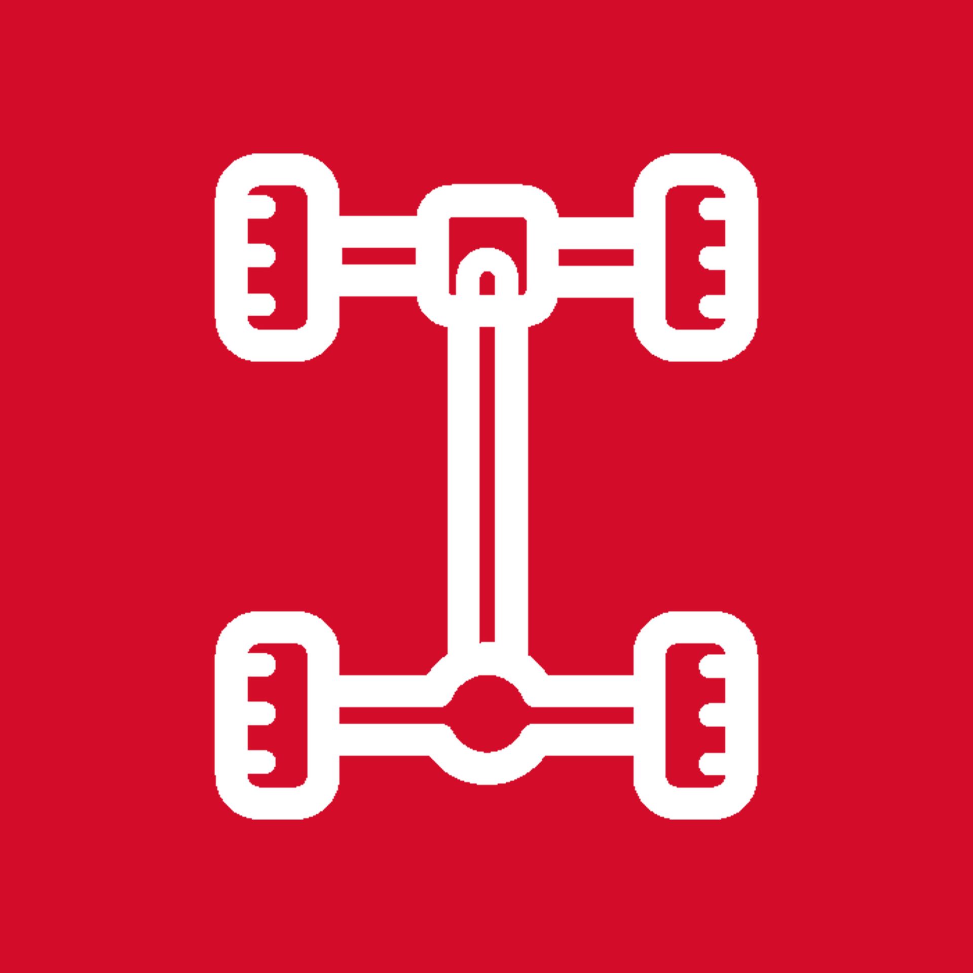 Ein weißes Symbol eines Allradantriebssystems auf rotem Hintergrund.
