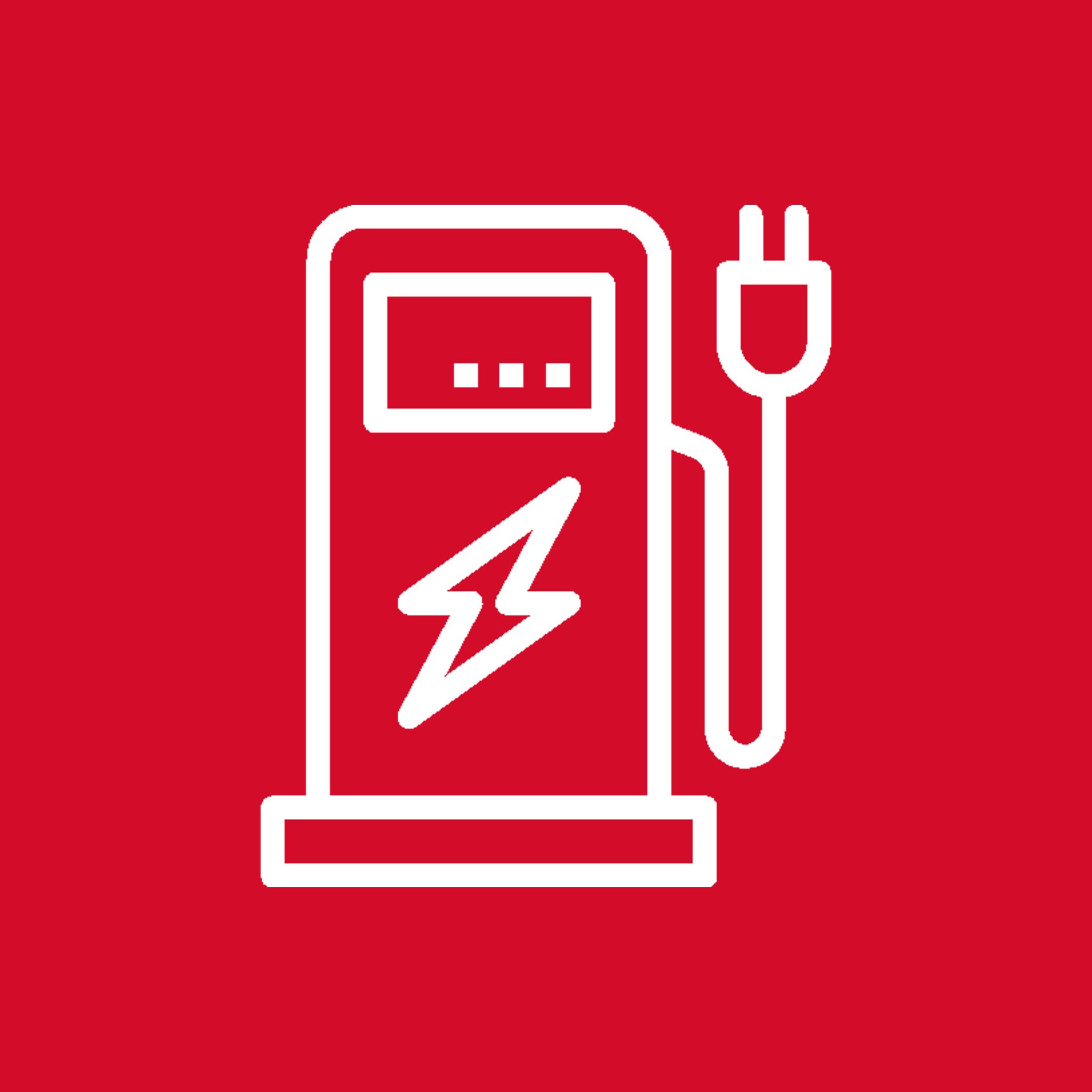 Das Symbol einer Ladestation für Elektrofahrzeuge auf rotem Hintergrund.