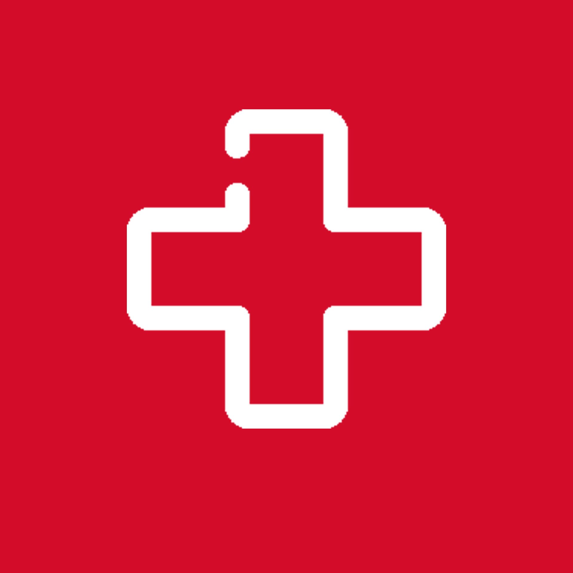 Ein weißes Kreuz auf rotem Grund.