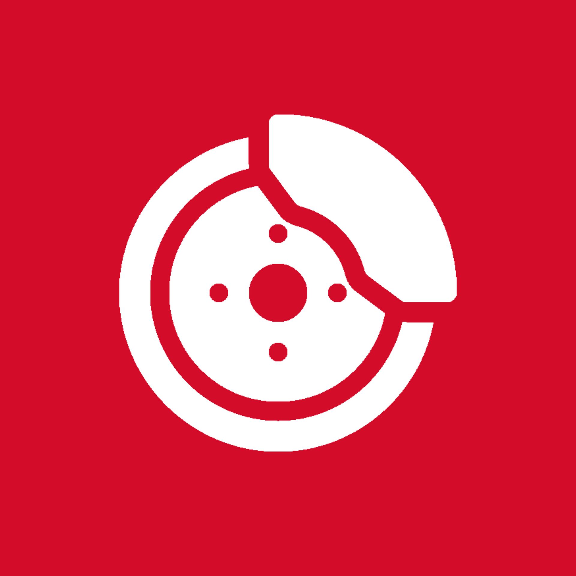 Ein weißes Symbol einer Bremsscheibe auf rotem Hintergrund